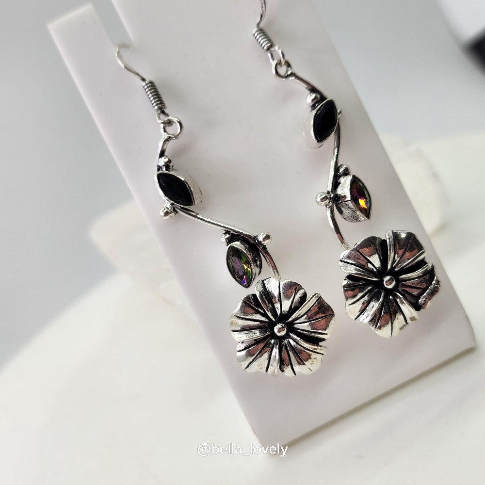 Hibiscus Mystic Topaz Black Onyx Handmade Drop Dangle Earrings Jewelry 2.5"